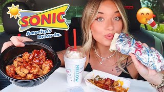 Sonic Mukbang! NEW Summer Items | totchos, fritos chili cheese wrap, churro milkshake & more!