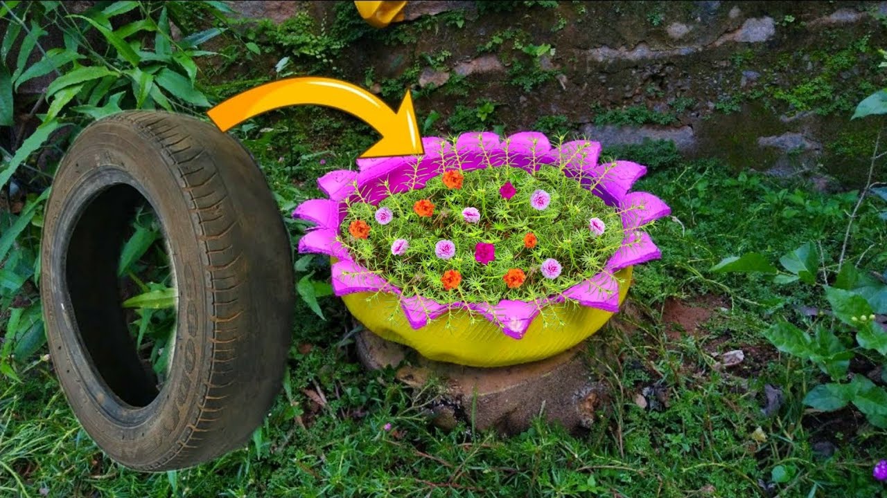 DIY Making a flower pot from an old car tyre - YouTube