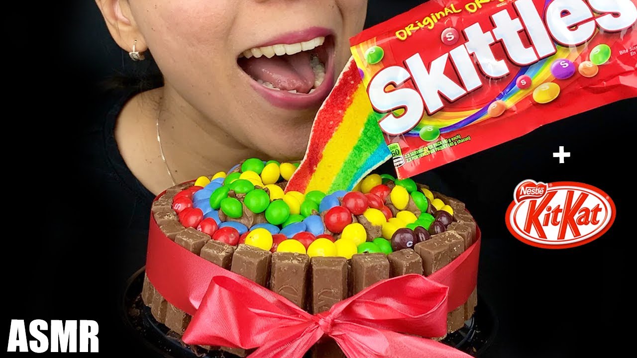 ASMR EATING SKITTLES KITKAT CHOCOLATE CAKE | LaniEats ASMR - YouTube