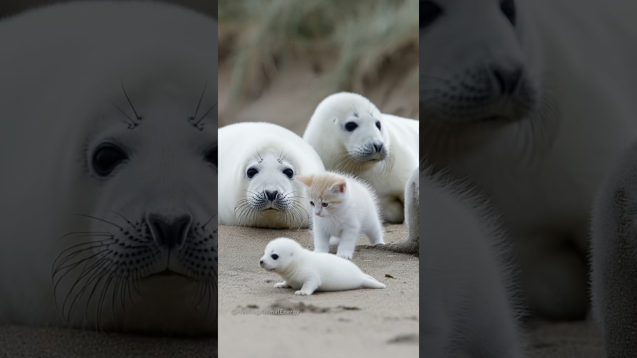 Kitten Meets a Family of Seal Pups for the First Time