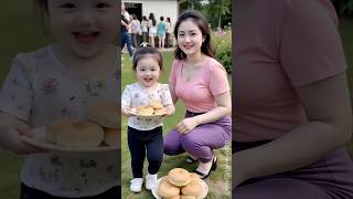 Beautiful Mom Teaches Cute Baby To Share Sweet Bread