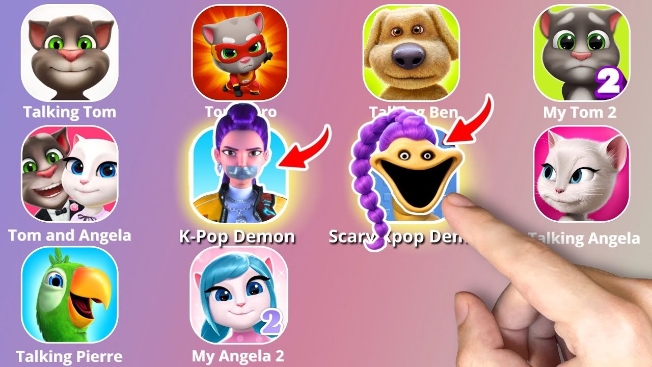 Talking Tom,SLAP TOWER,KPop Demon Hunters,Roblox,Talking Ben,My Talking Angela 2,Sprunki Incredibox
