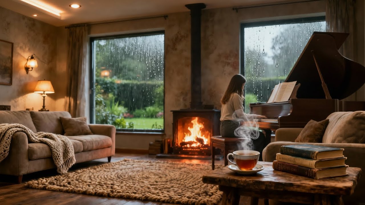 4K Cozy Living Room Interior • Gentle Winter Day, Relaxing Piano Music & Warm Ambience