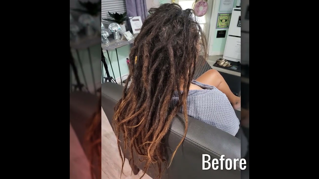 Root to tip dreadlock maintenance 
Before and after pics