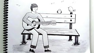 Boy With Guitar Singing to Birds || Easy Pencil Sketch || How to draw Boy with Guitar