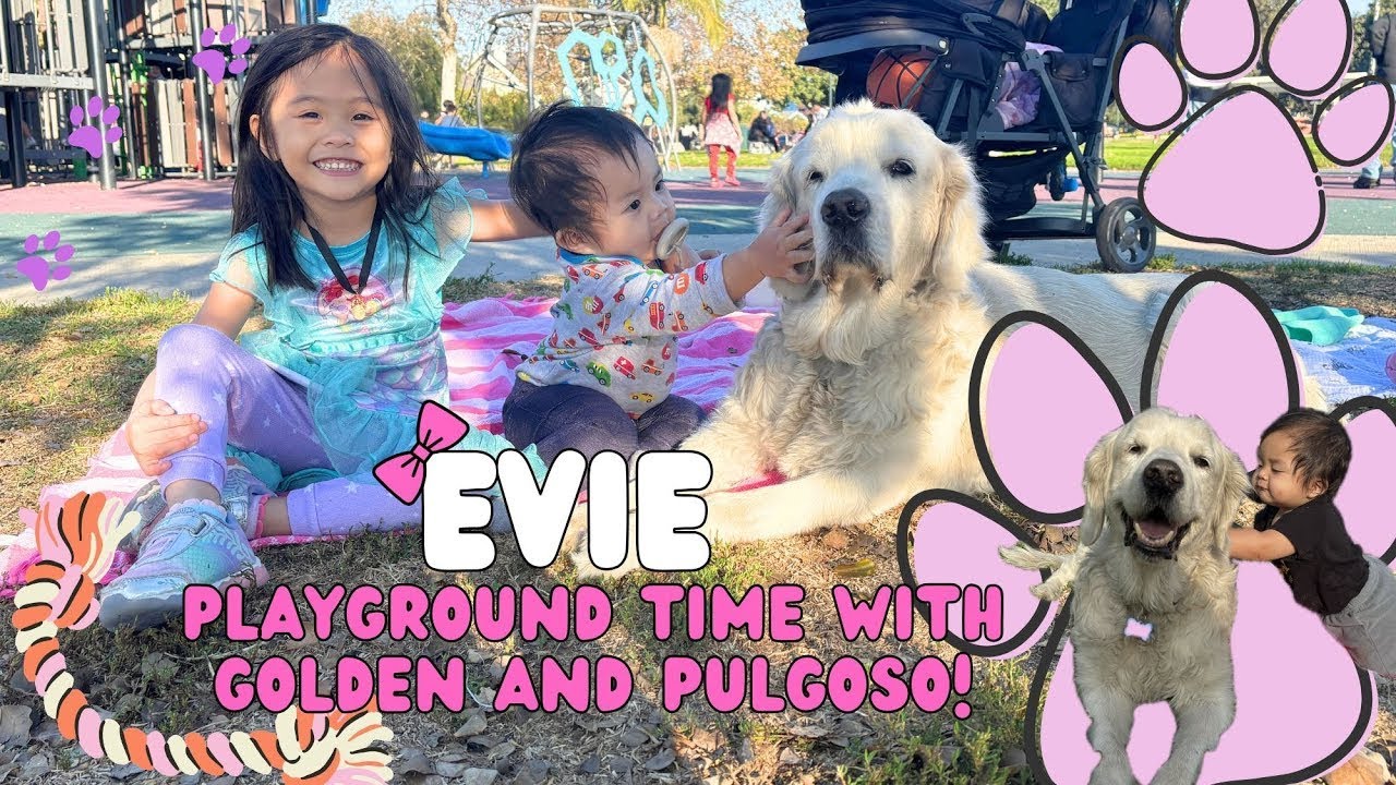 Evie brings Baby Brother Golden and her Big Puppy Pulgoso to the park!| Evie Kids TV
