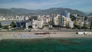 Turkey, Tosmur (near Alanya). Beach, sea, road and hotels view. Drone video. HD 4K