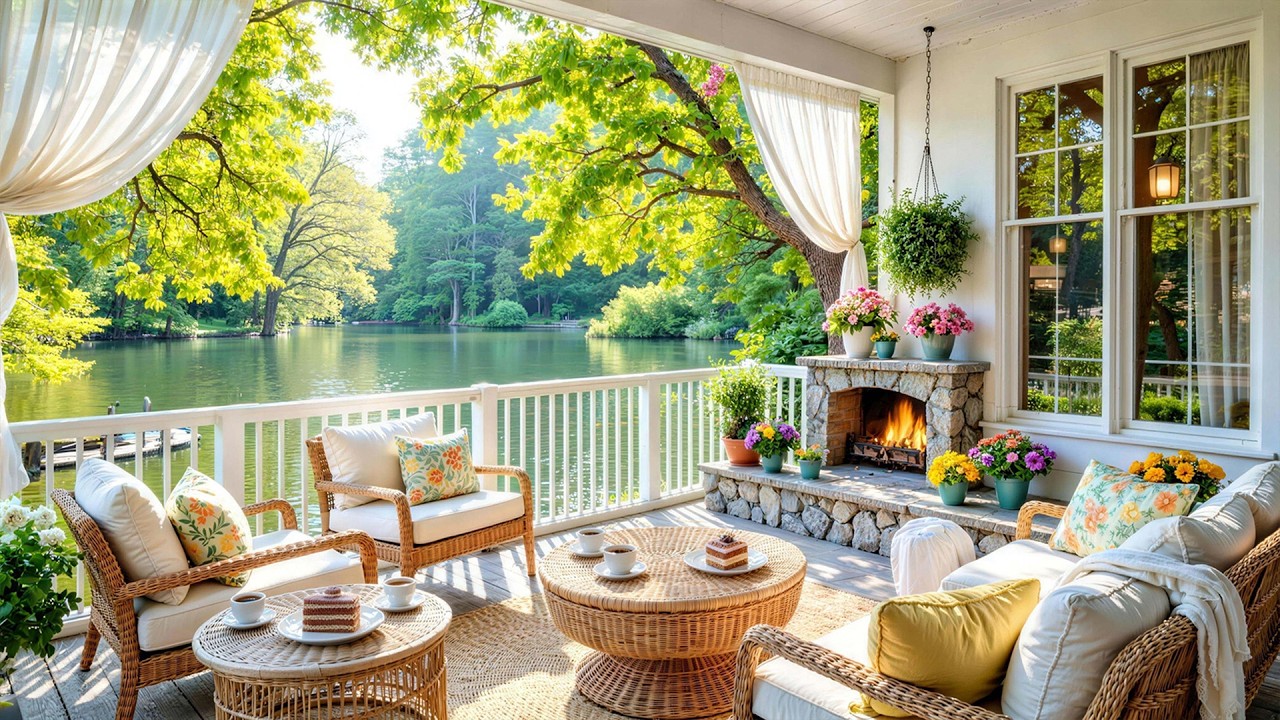 Cozy Spring Ambience in Lakeside Porch 🌿 Relaxing Piano Music and Fireplace for Peaceful Vibes