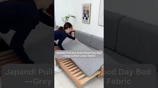 Japandi Solid Beech Wood Pull Out Day Bed Grey Cotton Linen Fabric