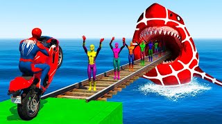 Superheroes against Big Spider Shark, Crazy Stunt Race Challenge by Motorcycle, Cars and Quad GTA 5