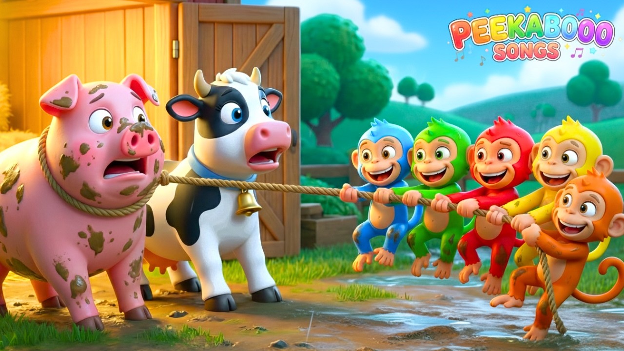 Five Little Monkeys Thieves Jumping at Old MacDonald’s Farm. They Stole all the Food 😱 Poor Animals!