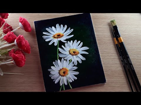 Acrylic Painting On Canvas Very Easy For Bigenners, White Daisy Flowers Painting, Flowers Painting