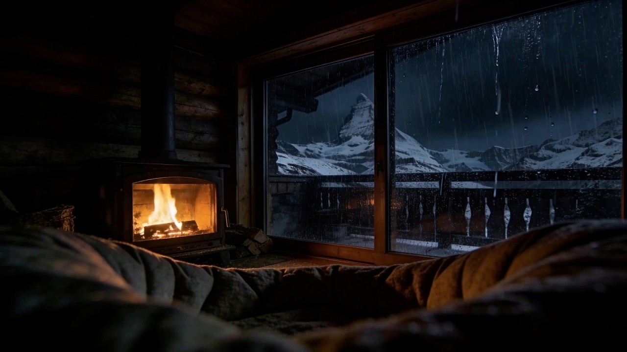 Rainy Mountain Cabin Night 🌧️ Fireplace & Rain on Window Sounds for Deep Sleep (No Ads)