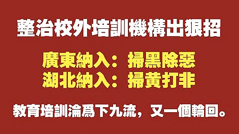 整治校外培訓機構出狠招。廣東納入：掃黑除惡；湖北納入：掃黃打非。教育培訓淪為下九流，又一個輪迴。2021.07.31NO869 - 天天要聞