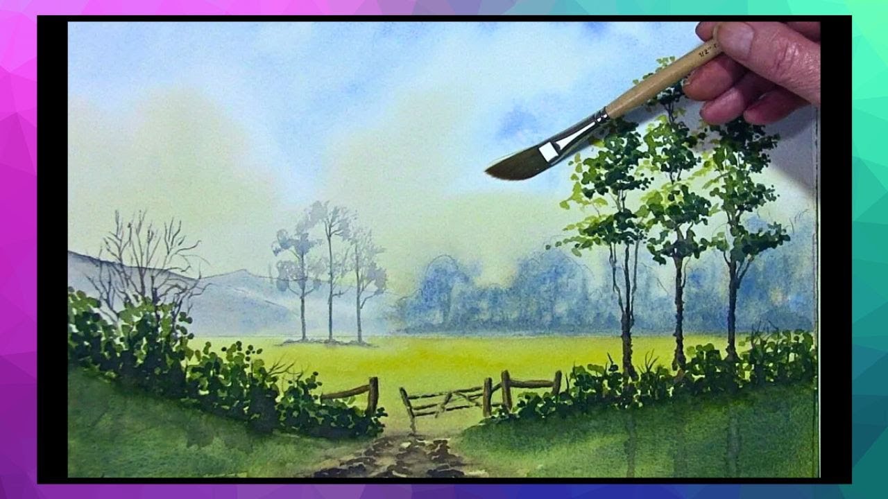 HOW TO PAINT A SUMMER LANDSCAPE IN WATERCOLOR,PAINT MISTY TREES