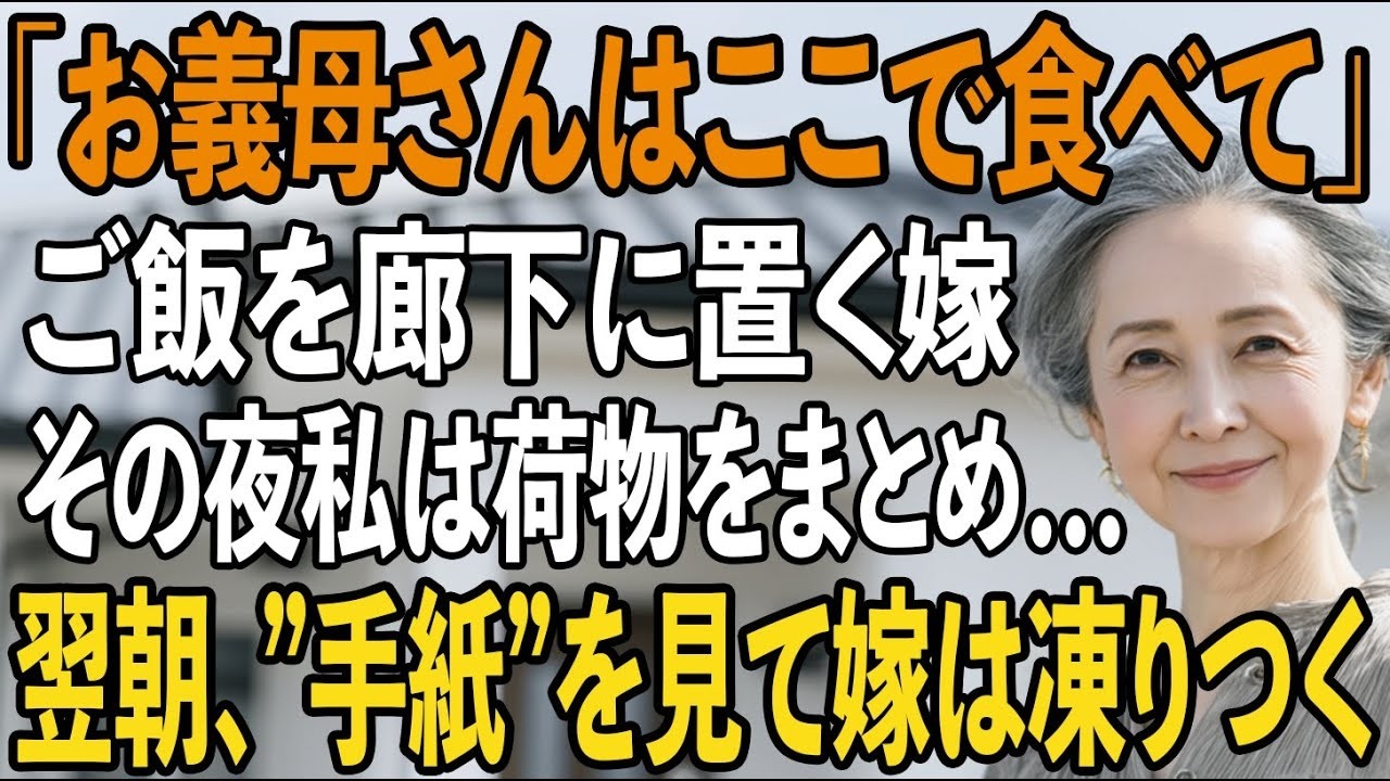 「家族だけで食べるので」私のご飯を廊下に置く嫁、何も言わない息子。その夜、私は荷物をまとめると姿を消した→翌朝、残された手紙に嫁は震え上がることに【シニアライフ】【60代以上の方へ】