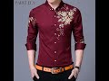 Brand Wine Red Mens Dress Shirts 2018 Fashion Golden Rose Flower Print Button Down Shirt Men Slim