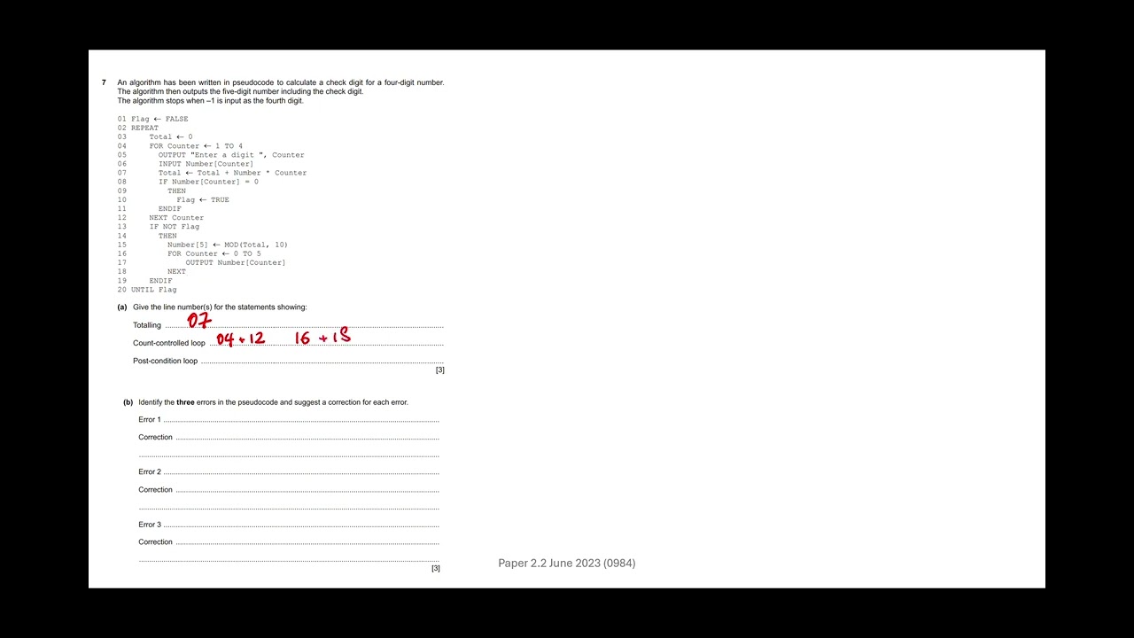 Q7 part a  * TOTALLING - COUNT and POST CONDITION LOOPS *  iGCSE Computer Science Paper 22 June 2023