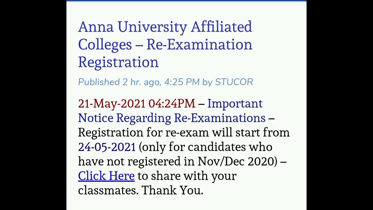 Anna University | Re-Exam 24-5-2021 Registration | Affiliated Colleges | 