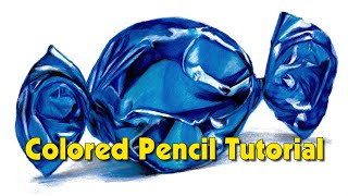 Easy colored pencil techniques tutorial for beginners, drawing a shiny candy wrapper.