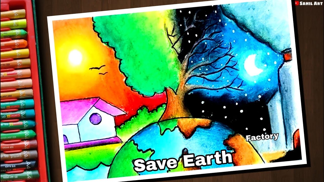 Earth day poster drawing with oil pastel | Save environment ...