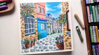 Oil Pastel landscape #53 / Europe Street Scenery _ Satisfying ASMR Drawing