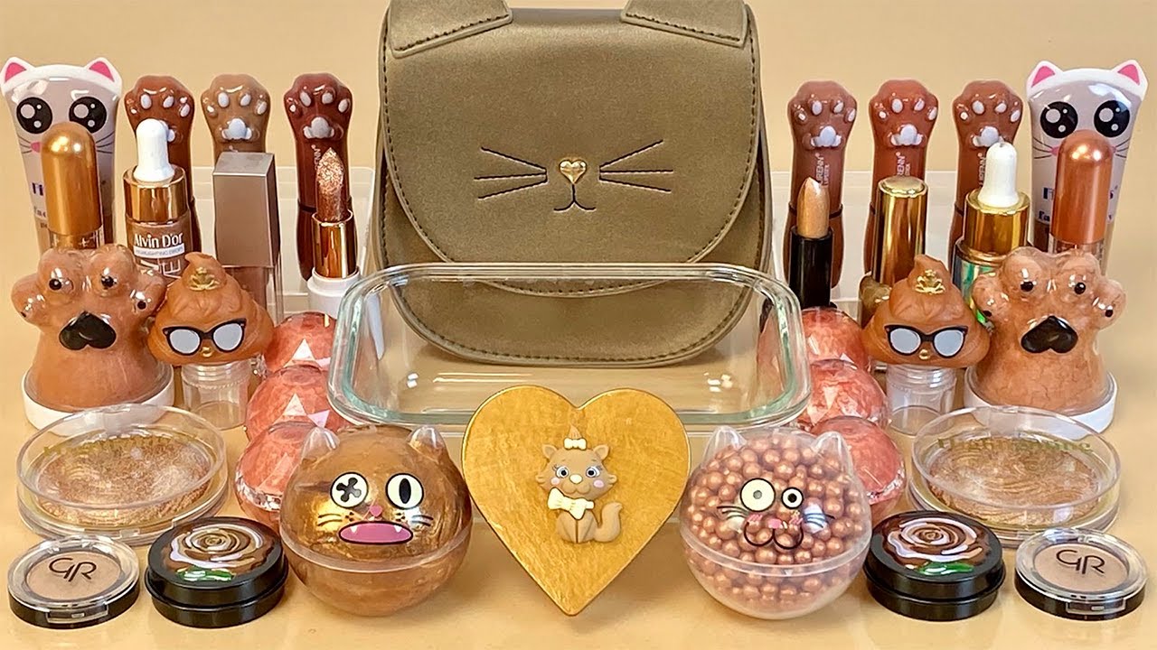 ASMR Slime 🤎🔝💤 Mixing ”BRONZE” makeup, Eyeshadow, glitter into slime. Satisfying slime video.