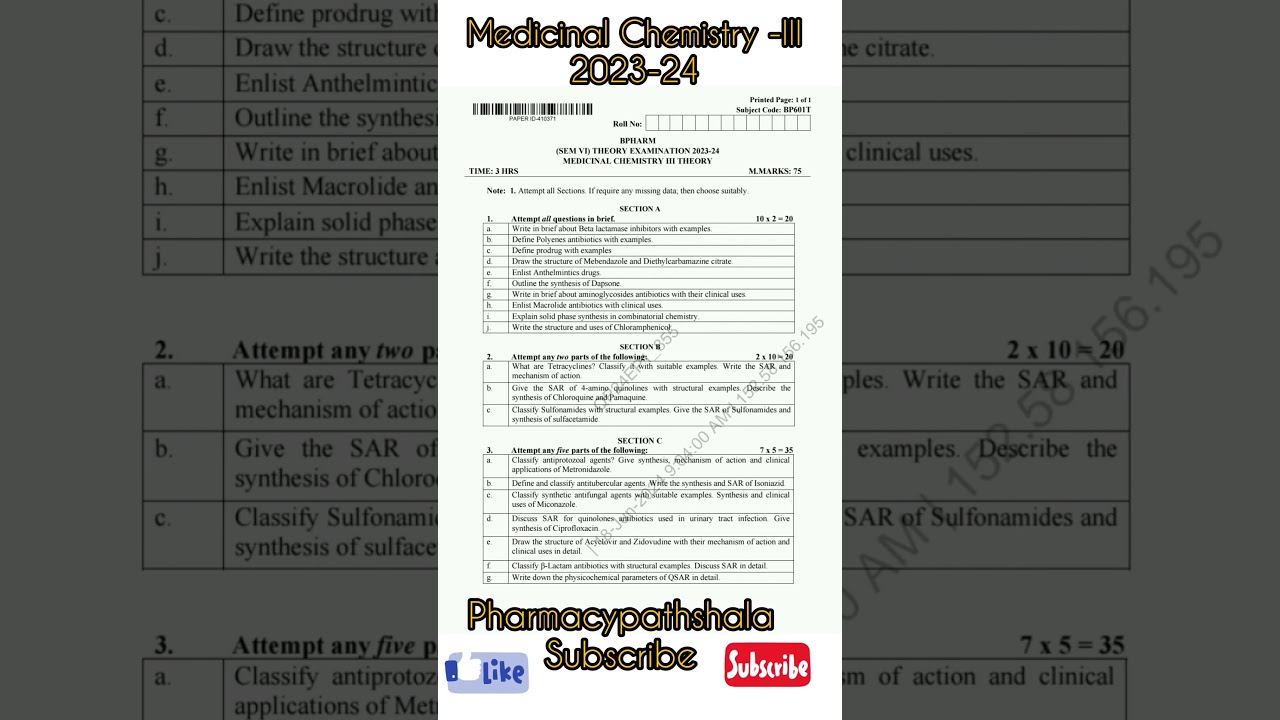 Medicinal Chemistry -III 2023-24 Previous year Question Papers 