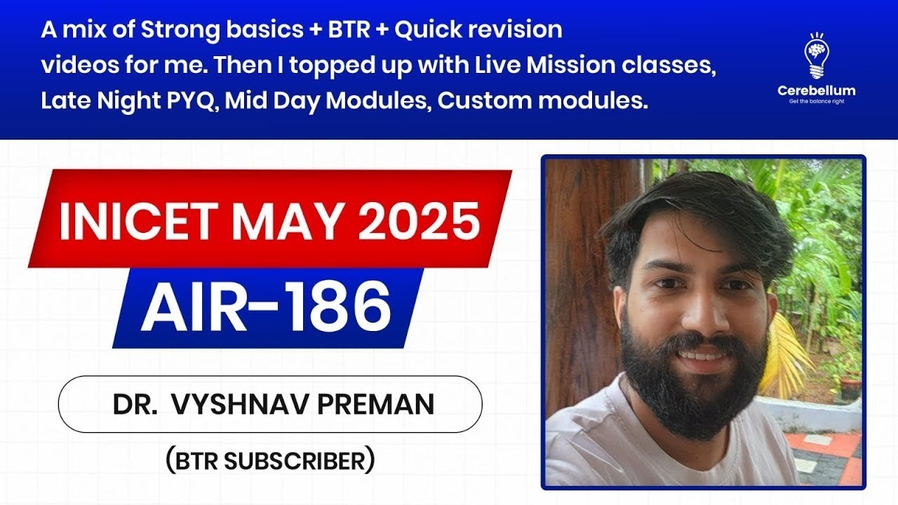 BTR, Quick Revision, PYQs, Mission Live & Midday Modules Helped Me Score 186 in INI CET- Dr. Vyshnav