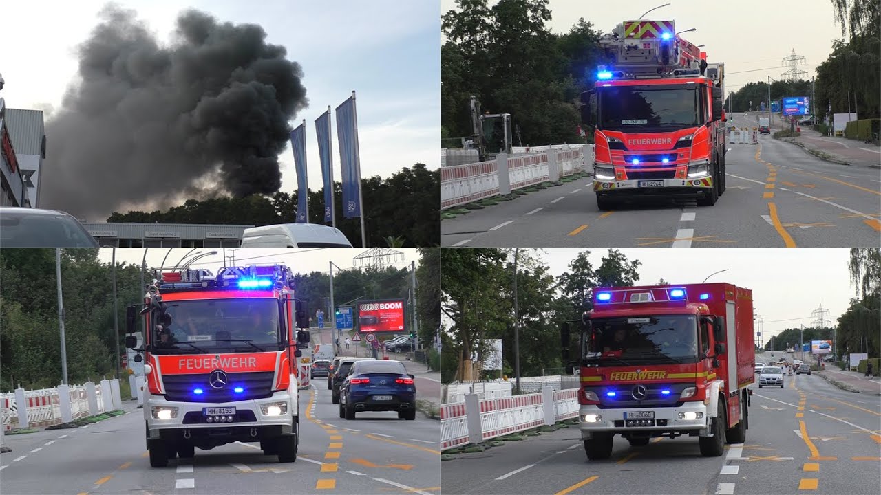 [Bootshalle brennt in voller Ausdehnung] Einsatzfahrten Feuerwehr Hamburg zum Großbrand in Bergedorf