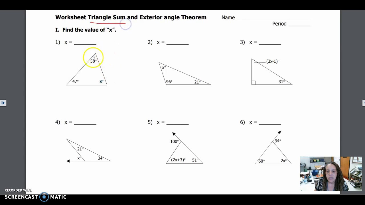 Triangle Sum Theorum Practice Inside Exterior Angle Theorem Worksheet