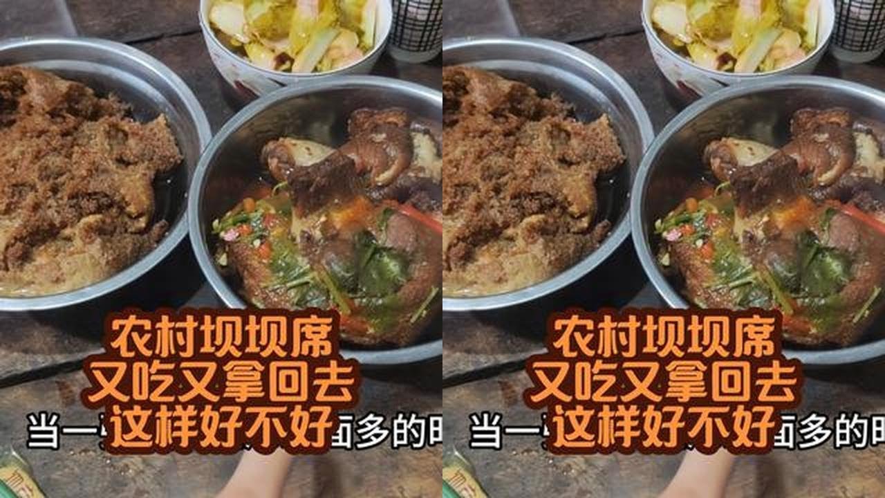 越南媳妇在四川吃农村坝坝席，看到隔壁桌人都走了菜没有上完，找了几个袋子又吃又打包回去晚饭都不用炒菜了，你们觉得吃酒席打包回去丢人吗？#越南媳妇 #外国媳妇 #坝坝宴
