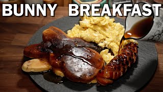Breakfast for Dinner | Blueberry Pancakes with Scrambled Eggs, Sausage and Maple Syrup
