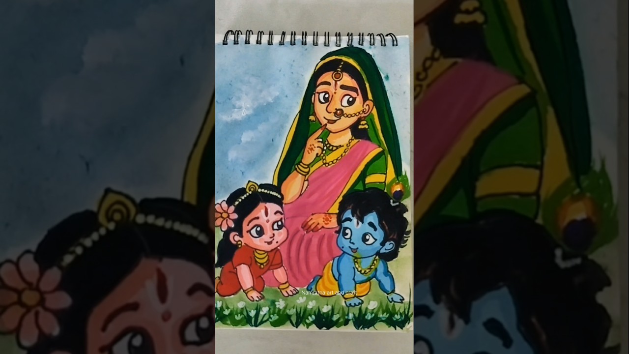Radha-Krishna’s 😍🦚🪈Childhood Magic with Yashoda Maiya ✨ Cute Artwork