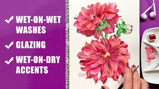 3 SIMPLE & EFFECTIVE WATERCOLOR TECHNIQUES: Wet-on-wet, wet-on-dry & glazing / Red Dahlia Tutorial