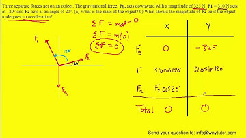 Three separate forces act on an object. The gravitational force, Fg, acts downward with a magnitude
