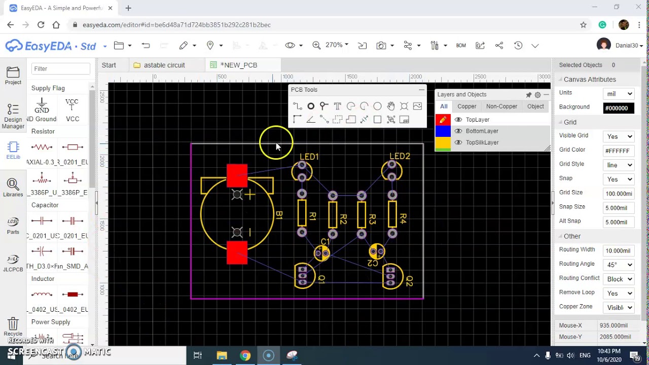 ASTABLE DESIGN PCB CIRCUIT USING EASYEDA - YouTube