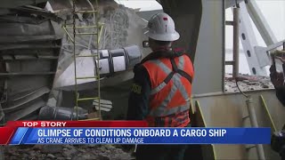 Glimpse of conditions onboard wrecked cargo ship in Baltimore harbor