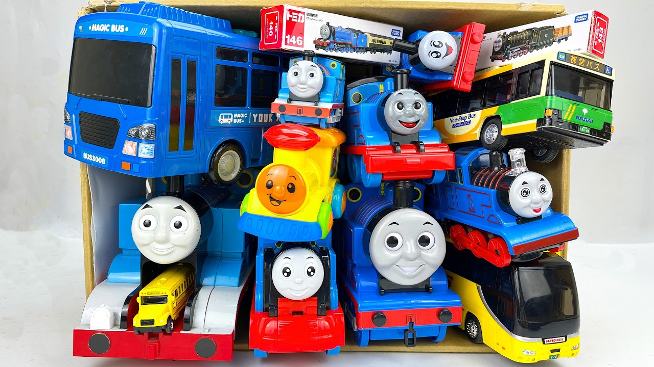 トーマスとバスのおもちゃが箱いっぱい！みんなで緊急ドライビングチャレンジ☆| Box Full of Thomas & Bus Toys! Emergency Driving Challenge!