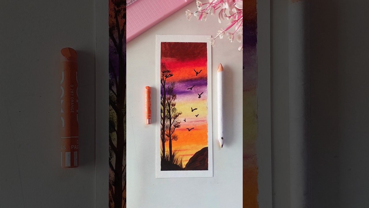 Dreamy Sunset Landscape with Oil Pastels | Aesthetic Sky & Silhouette Art 