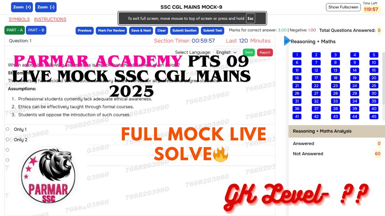 PTS- 9 Parmar Academy Live SSC CGL Mains Mock Solving by harsh 2025