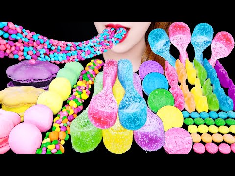 【ASMR】手作りスプーン琥珀糖、綿菓子キャンディー、クレヨンしんちゃん塗装キャンディ レインボースイーツを食べる【咀嚼音】