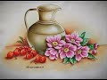 Pintando jarro,cerejas e flores em tecido