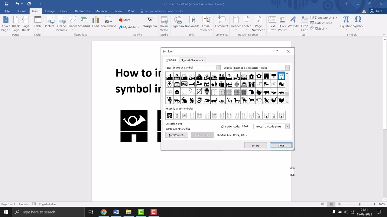 How to insert european post office symbol in Word