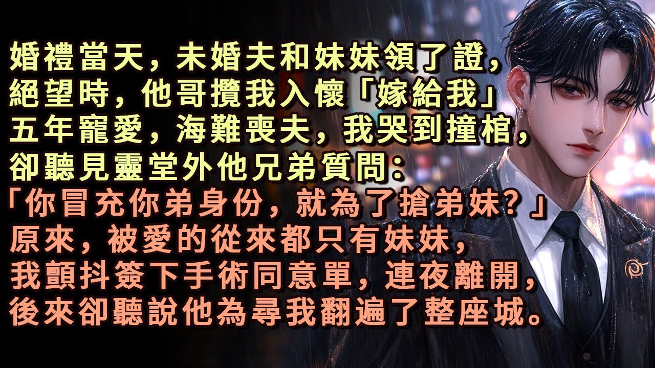 婚禮當天，未婚夫和妹妹領了證，他哥攬我入懷「嫁給我」五年寵愛，海難喪夫，我哭到撞棺，卻聽見靈堂外他兄弟質問「你冒充你弟身份，就為了搶弟妹？」我顫抖簽下手術同意單，連夜離開，卻聽說他為尋我翻遍了整座城。
