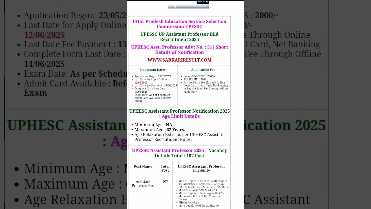 UPESSC UP Assistant professor BED