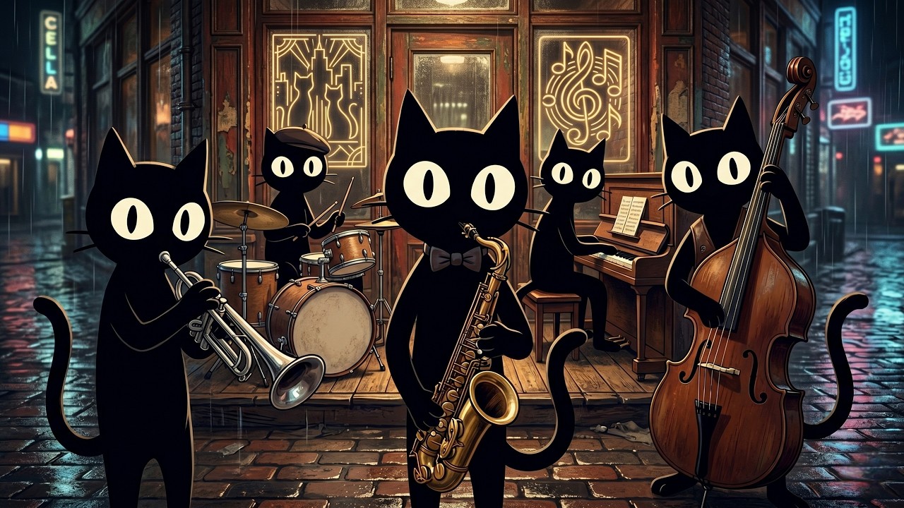 Black Cats Jazz in the Rain with Baritone Sax & Upright Bass | Night Alley Music for Work
