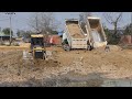 Incredible! Clever Operator Bulldozer Pushing Clearing Land Into Mud Long Dump Truck Unloading Soil!