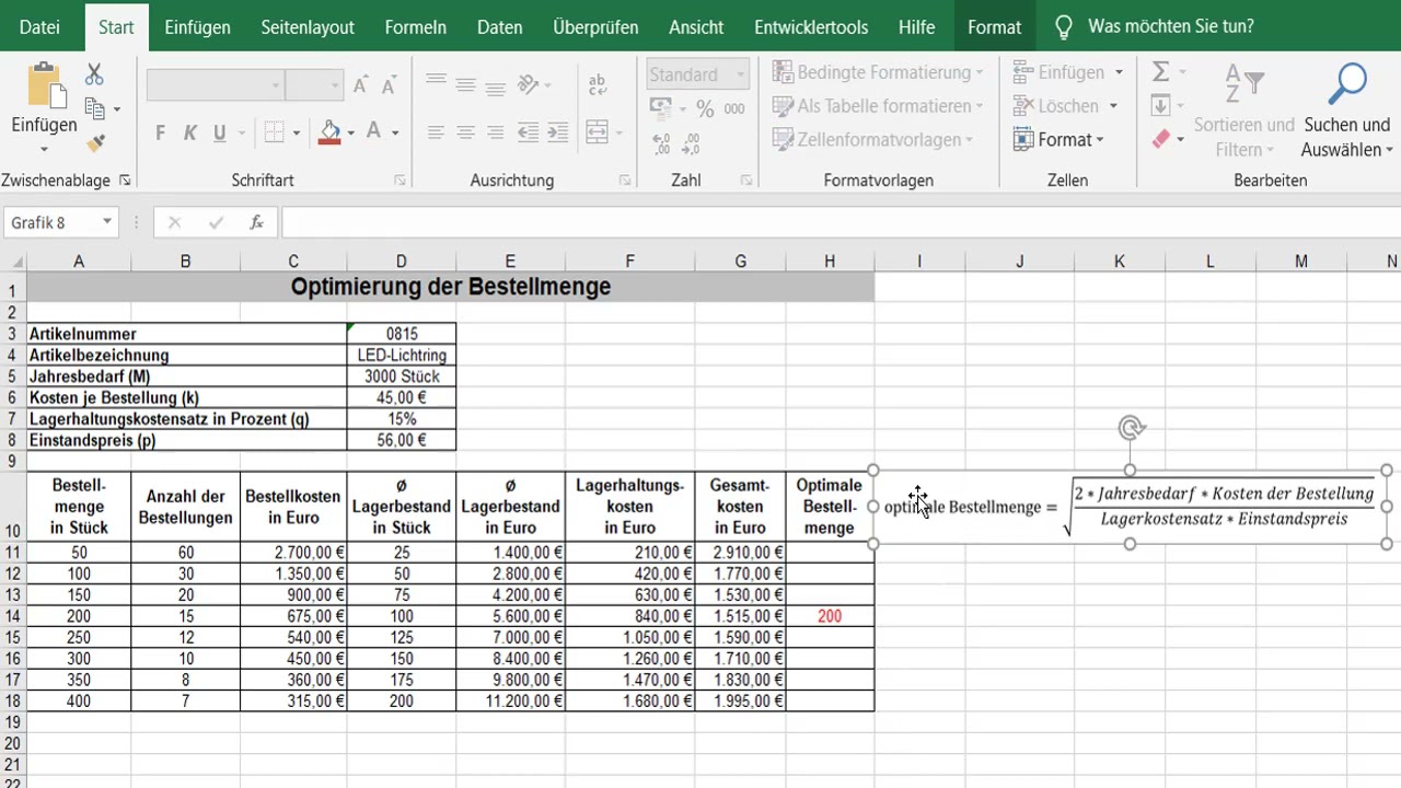 Update New Optimale Bestellmenge mit Excel berechnen