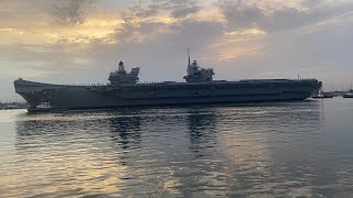 HMS Queen Elizabeth departs Portsmouth with horn